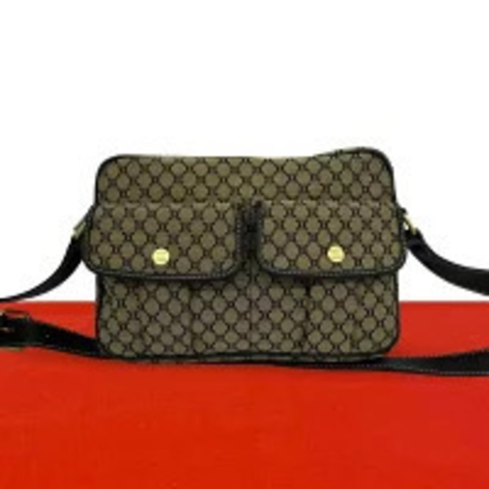 Celine Macadam Blazon Patterned Canvas Leather Shoulder Bag Sacoche Brown
